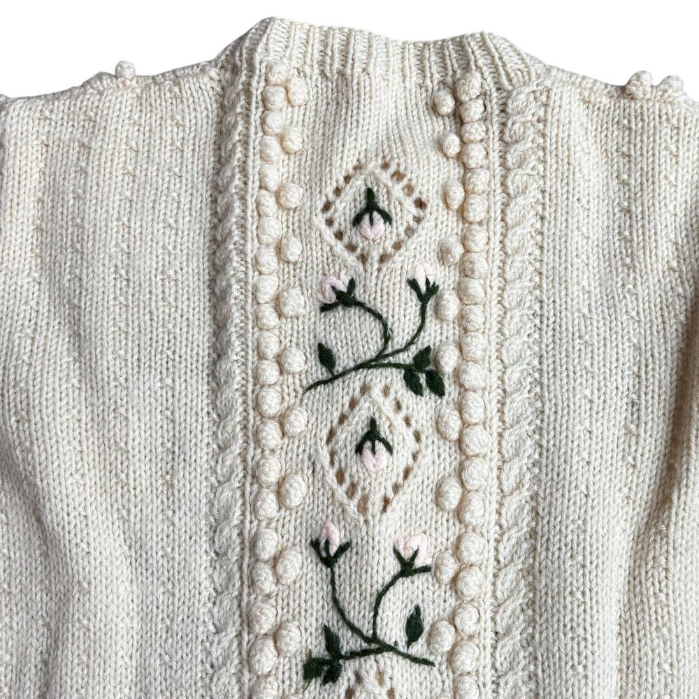 Vintage Hand Knitted Pure Wool Cardigan Sweater Cable Knit & Embroidery Ladies S - Picture 7 of 10